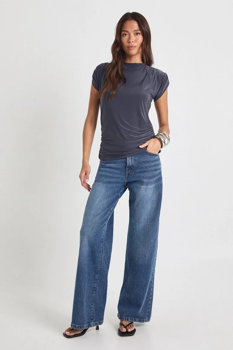 Double Layer Slinky Open Cowl Back Top - charcoal - 2