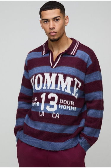 Oversized Brushed Striped V Neck Knit Polo