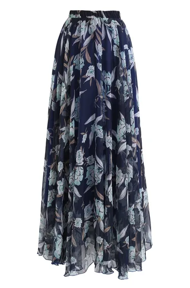 Flower Season Chiffon Maxi Skirt in Navy