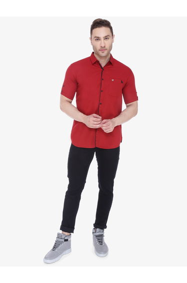 Men Maroon Linen Blend Short Sleeve Shirt