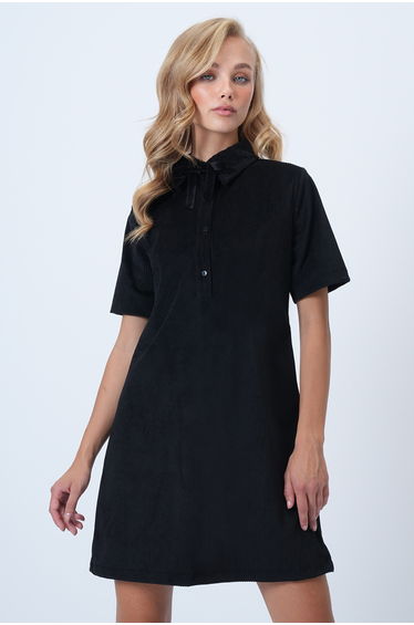 Women's Black Polo Neck Half Placket Buttoned Textured Velvet Mini Dress