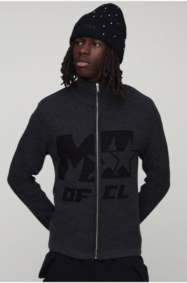 M Star Muscle Fit Ribbed Knitted Zip Thru Jumper - charcoal