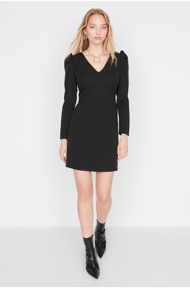 Black Column Mini Shift Dress with Long Sleeves