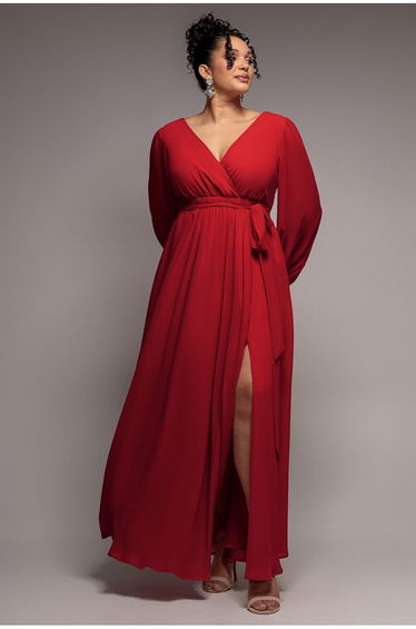 Wrap Back With Front Slit Chiffon Maxi Dress - Red by Goddiva Plus