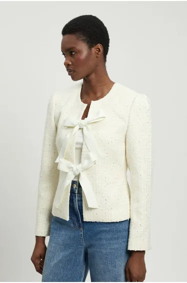 Boucle Tailored Bow Detail Peplum Jacket