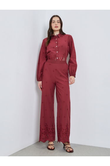 Women Burgundy Schiffli Wide Leg Pants