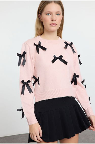 Pink Soft Textured Ribbon/Bow Detailed Knitwear Sweater