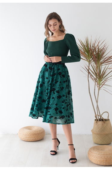 Gigot Sleeve Square Neck Crop Knit Top in Green