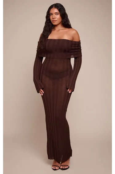 Shape Chocolate Fold Over Bardot Rib Maxi Dress