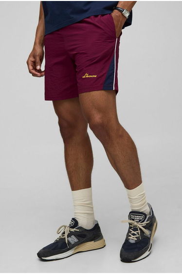 Elasticated Waist Relaxed Crinkle Nylon Panelled Shorts - burgundy