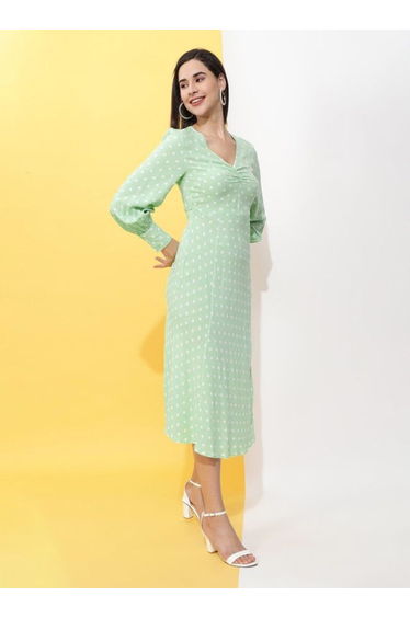 Women Green Polka Dot Print Midi Dress