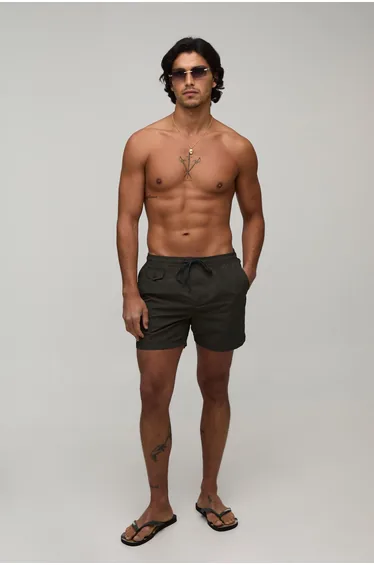 Pocket Detail Mid Length Swim Short - khaki
