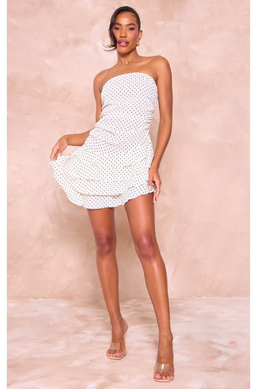 Cream Polka Dot Ruched Ruffle Hem Bandeau Mini Dress