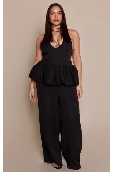 Plus Black Halterneck Peplum Wide Leg Jumpsuit