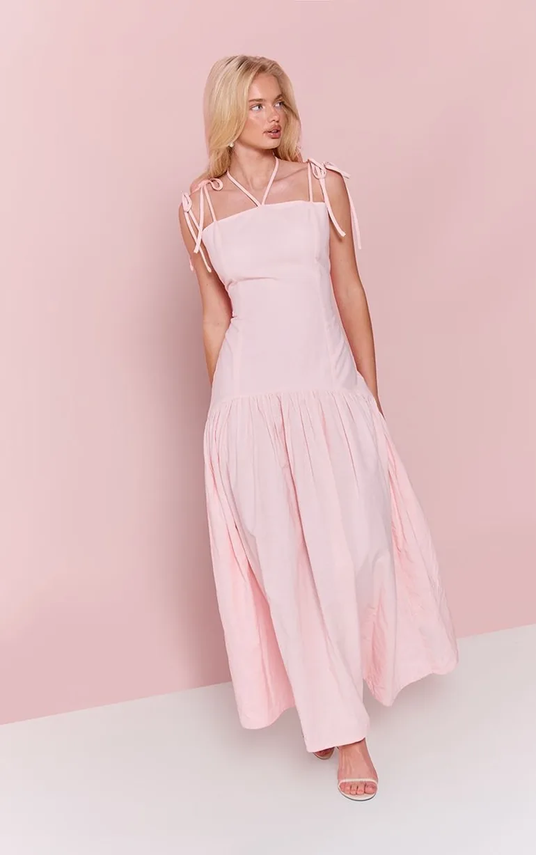 Baby Pink Linen Look Dropped Waist Strappy Maxi Dress Prettylittlething Pink  : Day Dresses : VogaCloset Oman