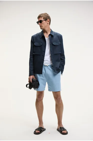 GRIMELANGE LEYTON Men’s Relaxed Fit Double Pocket Elastic Waist Linen Blend Woven Blue Shorts & Bermuda