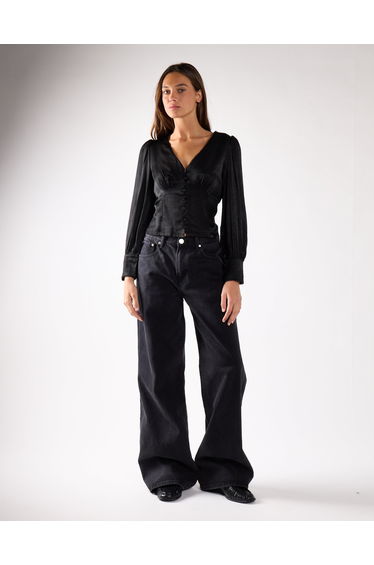 Black Sateen Long Sleeve Blouse