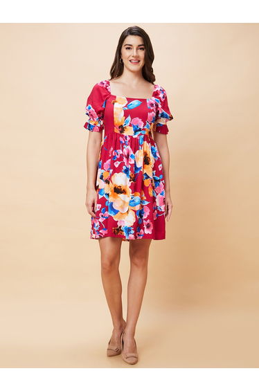 Women Floral Printed Puff Sleeves A-Line Mini Dress with Smocked Back