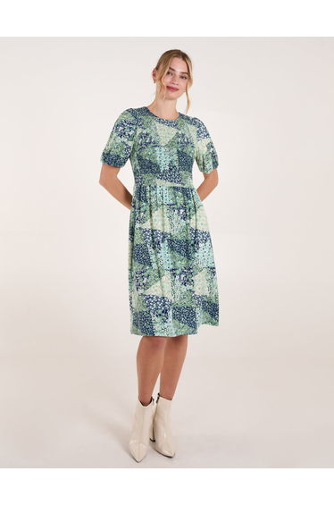 Shirred Bust Puff Sleeve Patchwork Mini Dress