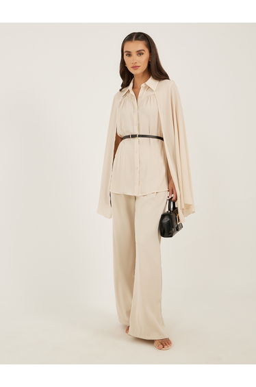 Plain Belted Cape Sleeves Blouse