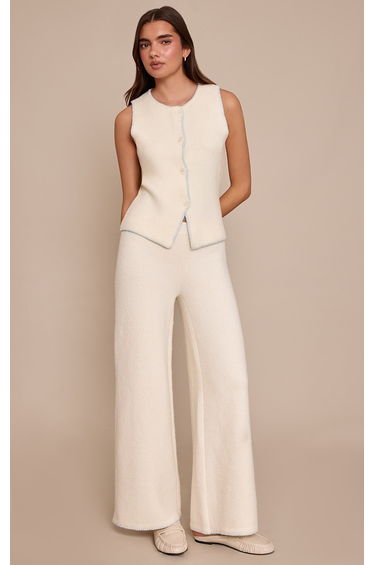 Cream Blanket Stitch Wide Leg Trousers