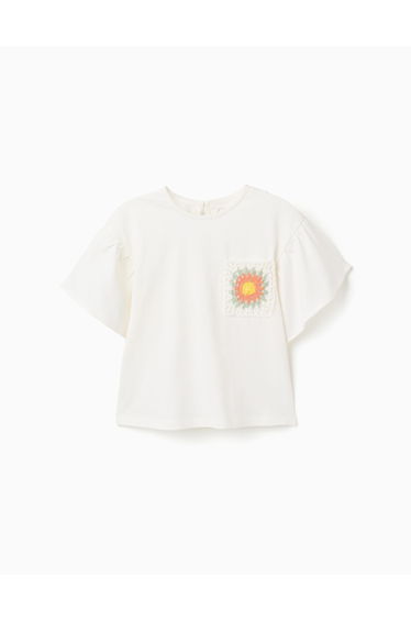 Cotton T Shirt With Crochet Pocket For Girls White