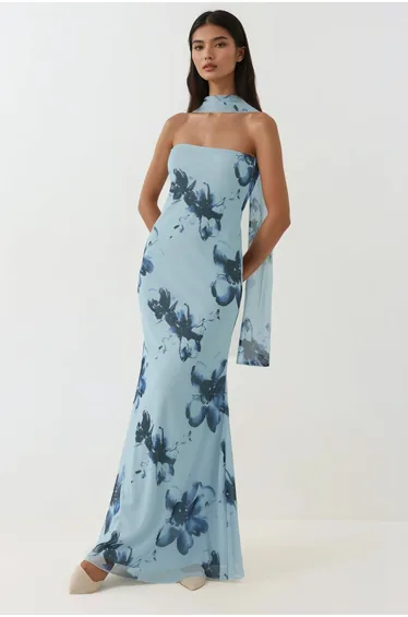 Strapless Flowering Bodycon Maxi Dress