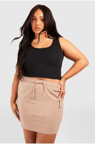 Plus Drawstring Cargo Mini Skirt - stone