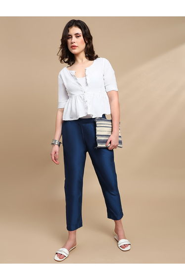 Navy Blue Solid Pants with Side Pocket