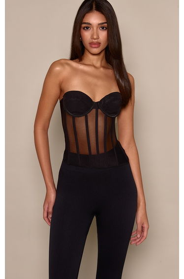 Black Mesh Structured Lace Up Corset