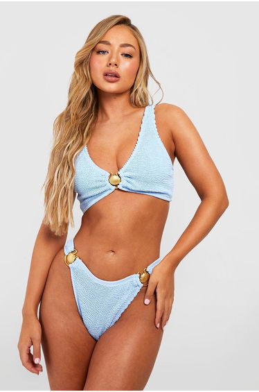 Shell Trim Crinkle Plunge Bikini Top - cornflower blue
