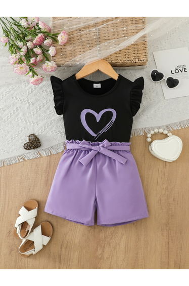 Girls Heart Graphic Top and Shorts Set