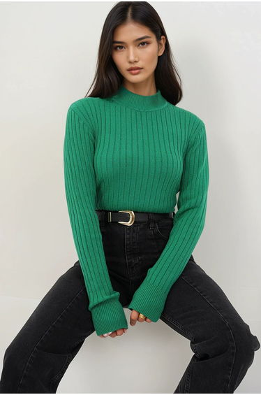 Women's Green Mock Neck Knitwear Sweater