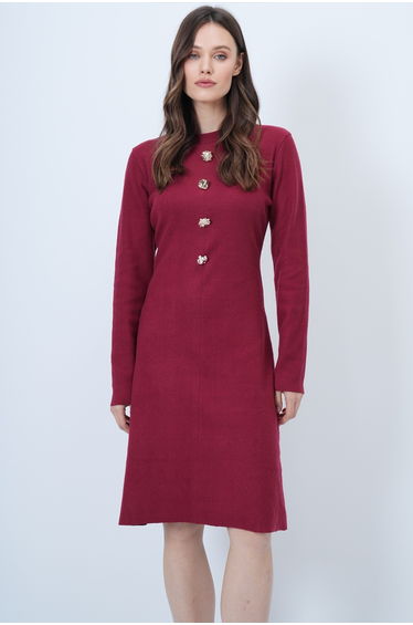 Burgundy Crew Neck Button Detailed Midi Length Knitwear Dress