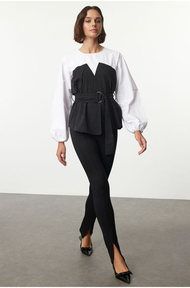 Black Balloon Sleeve Belted Woven Blouse