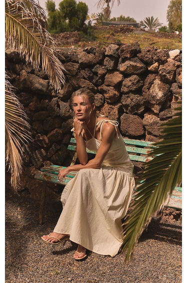 Lemon Linen Look Dropped Waist Strappy Maxi Dress