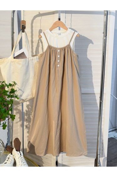 Girls Beige Strappy Pleated Midi Dress