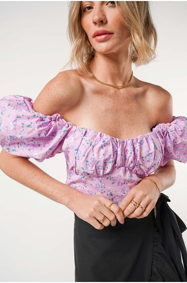 Pink Puff Sleeve Crop Top