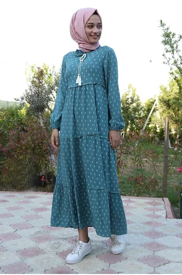 Collar Lace Up Hijab Dress