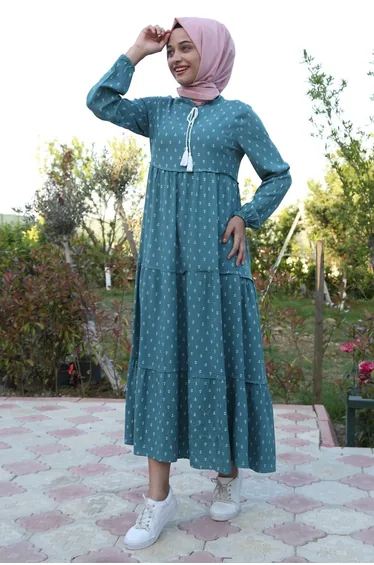 Collar Lace Up Hijab Dress