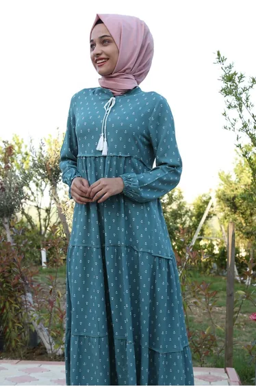 Collar Lace Up Hijab Dress
