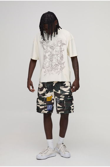 Camo Multi Badge Cargo Denim Shorts - camo