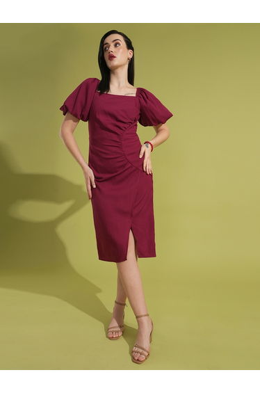 Solid Gathered Square Neck Puff Sleeves Midi Dress
