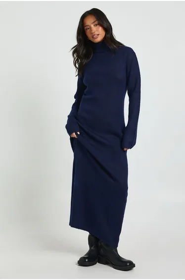 Petite Super Soft High Neck Knitted Maxi Dress - navy