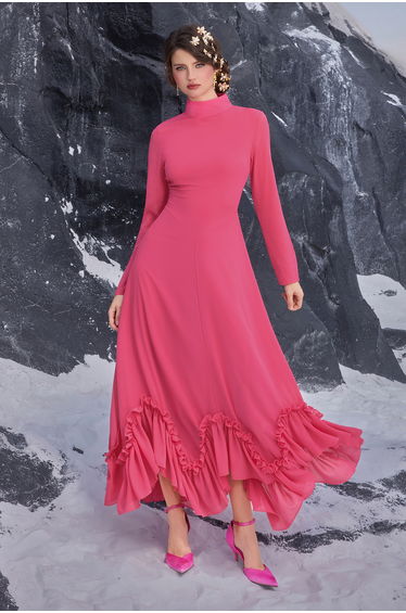 Ruffle Chiffon High Neck Maxi Dress