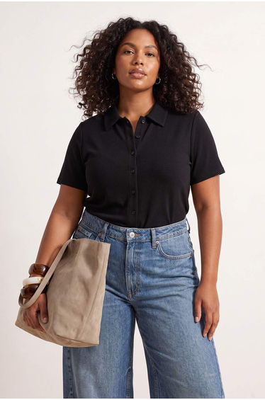 Black Shirt Collar Buttoned Short Sleeve Stretchy Knitted Oversize Blouse Tbbss26Af00210