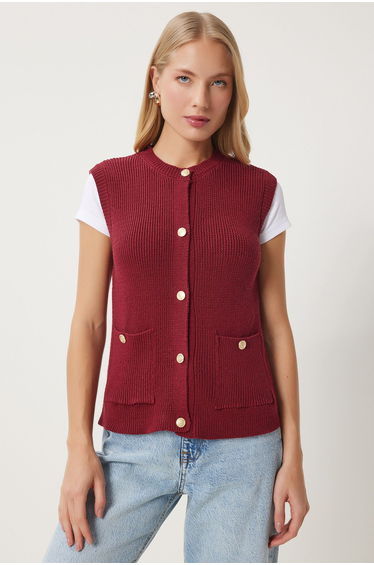 Women's Burgundy Stylish Buttoned Pocket Knitwear Vest