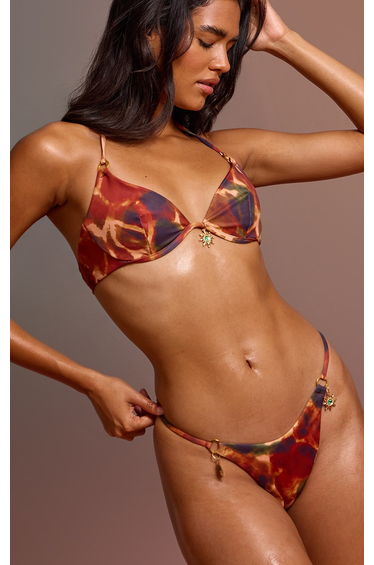 Rust Giraffe Print Trim Detail Tanga Thong Bikini Bottoms
