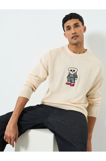 Men Cream Embroidered Teddy Relaxed Sweater