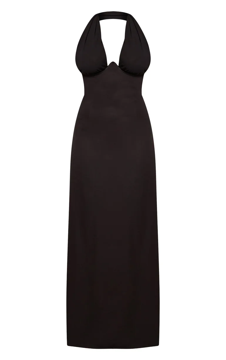 black cup detail maxi dress Wanderdoll Leah triple layered sculpting mesh lace cup detail cami fishtail maxi dress in black
